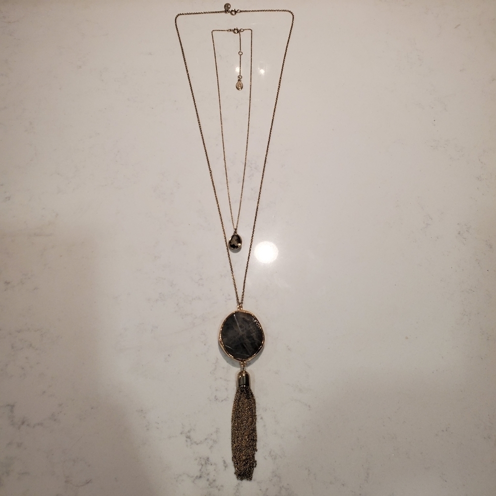 Loft Layered Necklace Gray Granite Crystal Stone Tassel Long Gold Classic Work